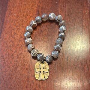 Gold and Gray Beaded Cross Bracelet